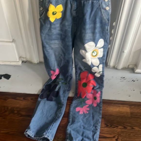 Flower power jean hand painted overalls - Picture 2 of 5